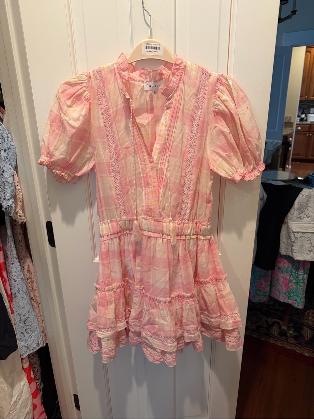 MARBLE Pink and Cream Plaid Ruffle Tie-Front Mini